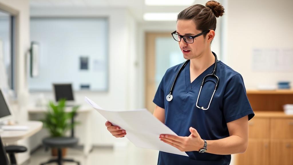 A professional physician assistant reviewing patient charts in a modern medical office setting.