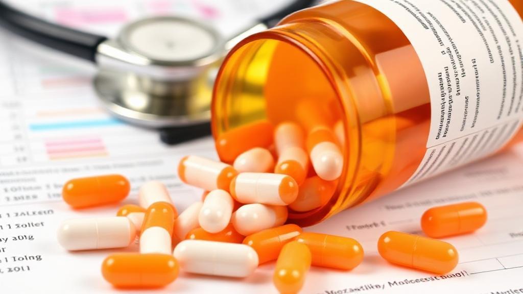 A close-up image of amoxicillin capsules spilling out of a prescription bottle, set against a background of a medical chart and stethoscope.