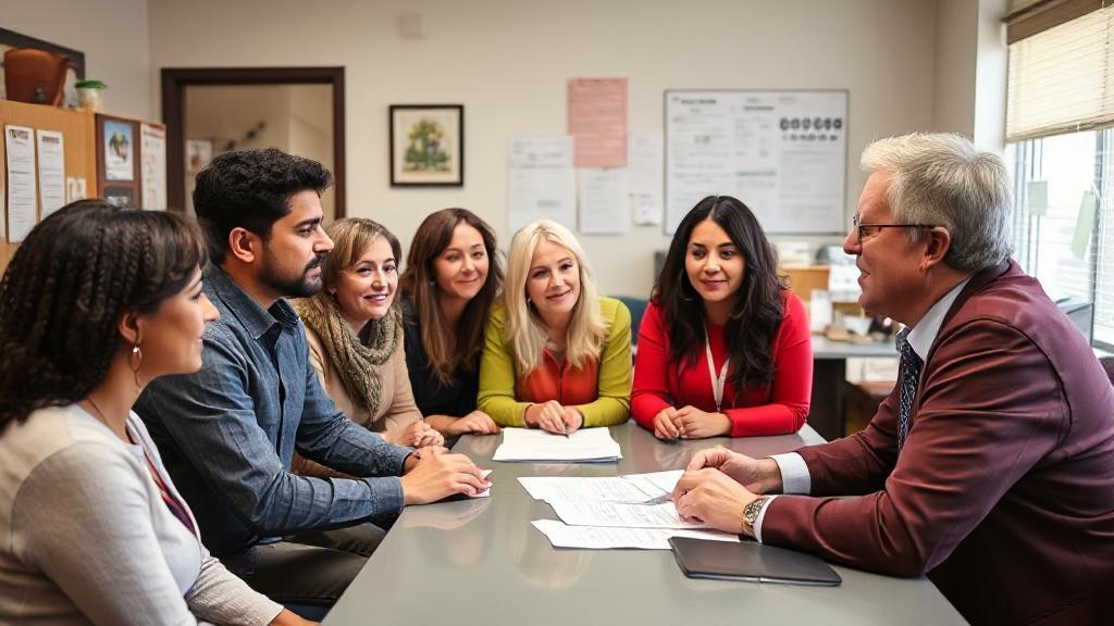 A diverse group of people discussing financial options with a local loan officer in a community office setting.