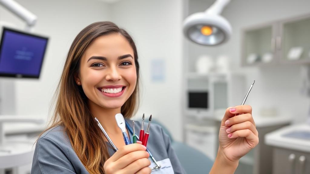 A smiling orthodontist holding dental tools in a modern clinic, symbolizing the journey and dedication required to achieve this specialized career.