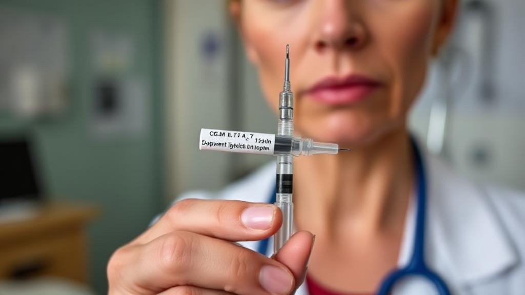 A close-up image of a concerned patient holding a Dupixent injection pen, with a blurred background of a doctor's office.
