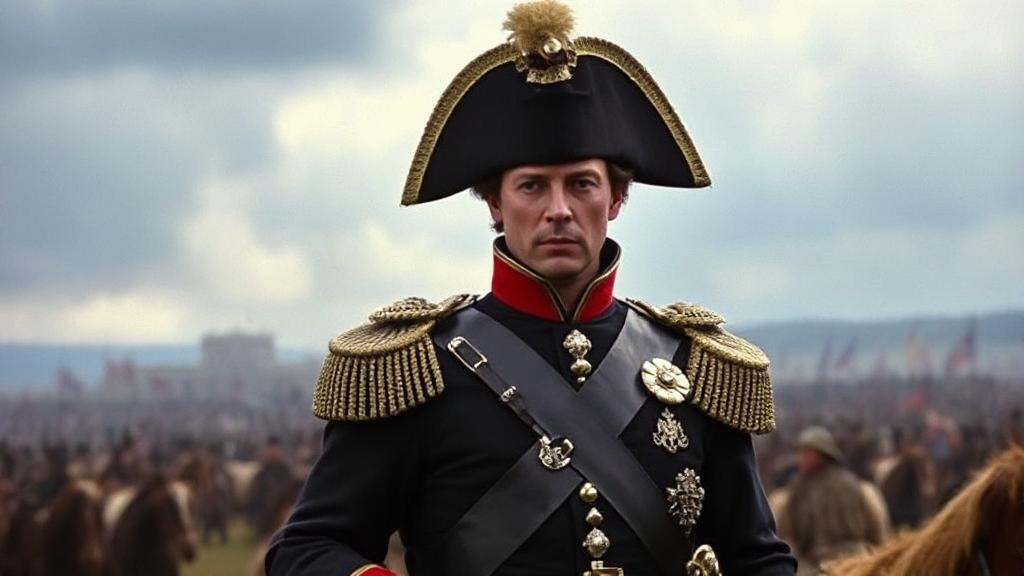A dramatic still from the movie "Napoleon," featuring the iconic figure in full military regalia against a backdrop of a historic battlefield.