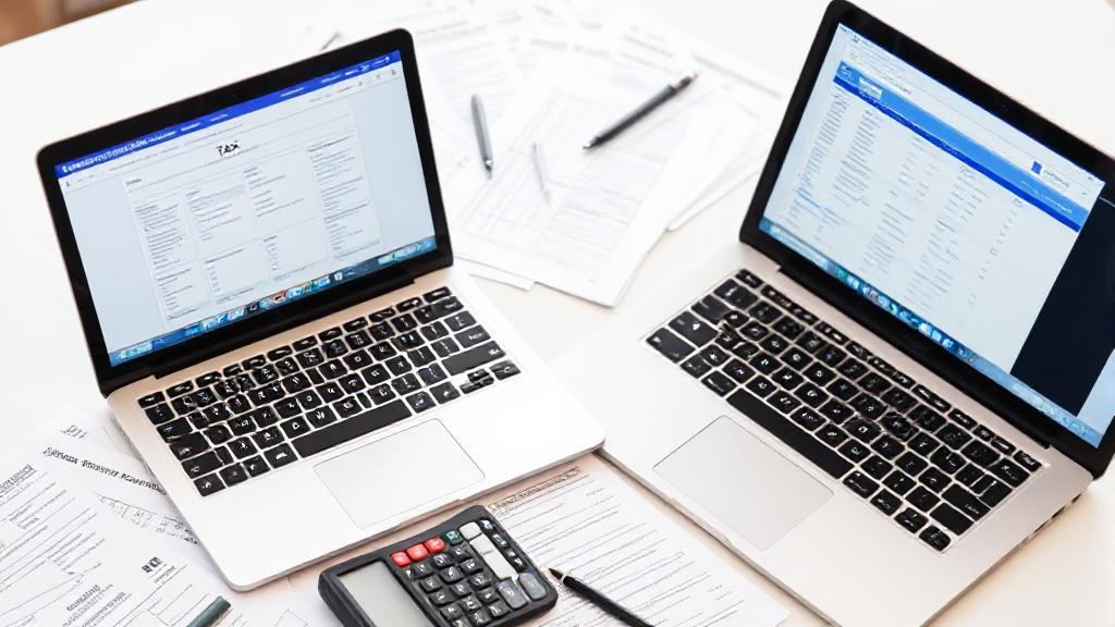 A neatly organized workspace with tax forms, a calculator, and a laptop displaying a tax software interface.