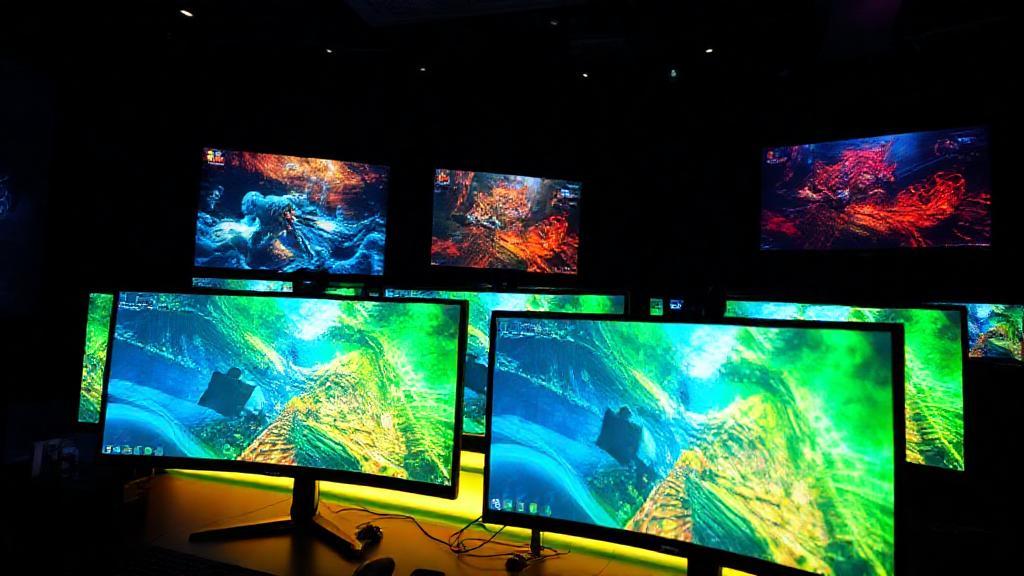 A vibrant setup featuring sleek, futuristic gaming monitors displaying vivid game scenes in a dark, immersive environment.