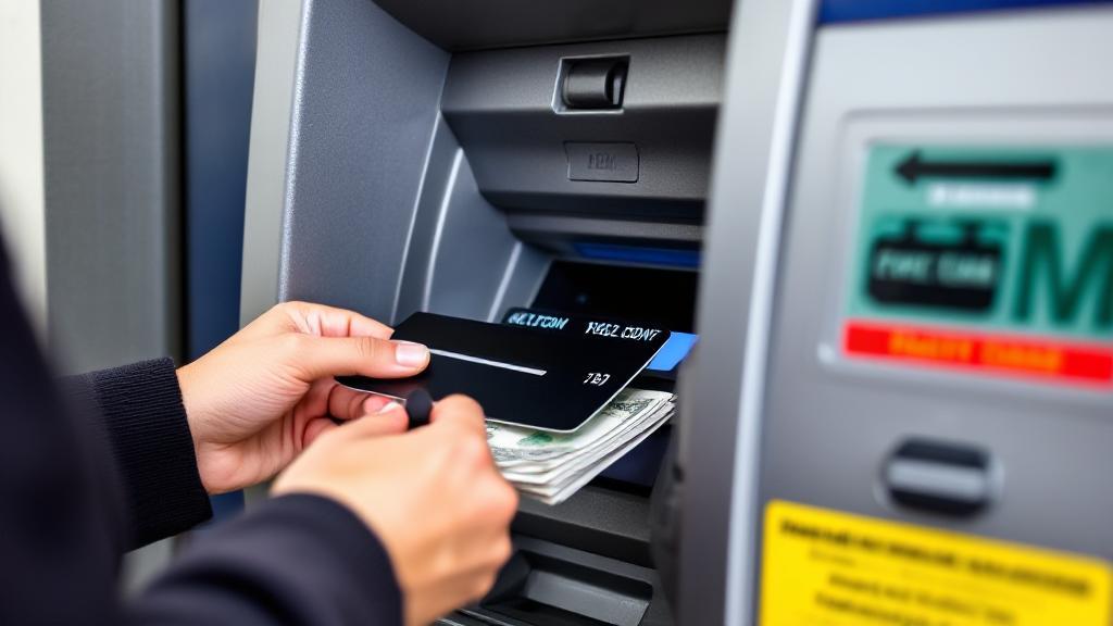 A person withdrawing cash from an ATM using a credit card, with a focus on security and caution.