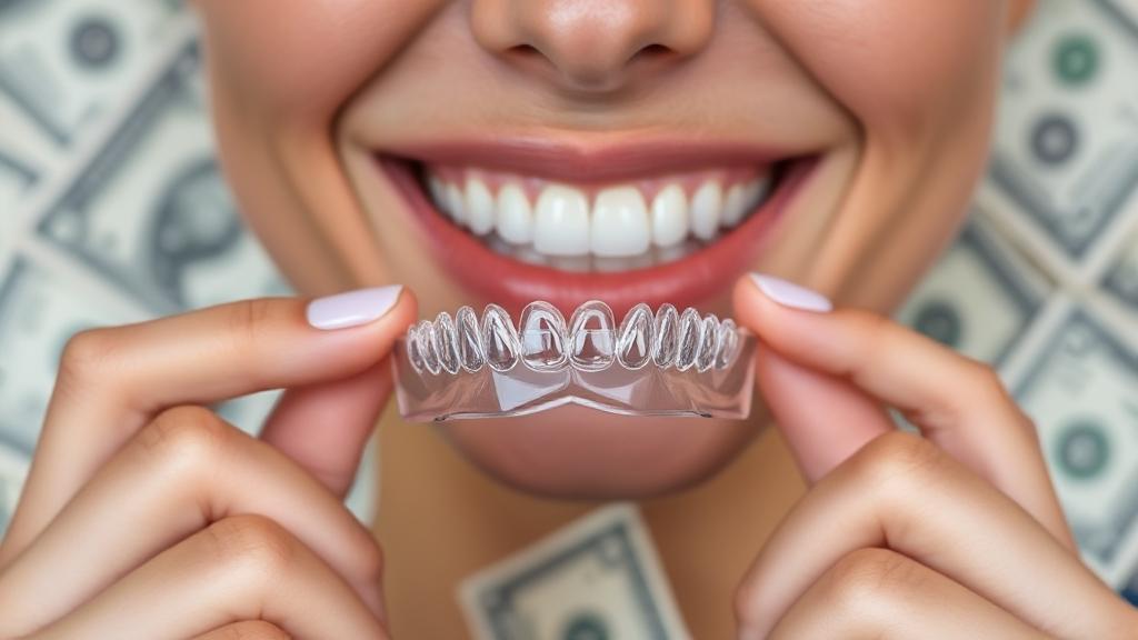 A close-up image of a smiling person holding a set of clear teeth aligners against a backdrop of dollar bills.