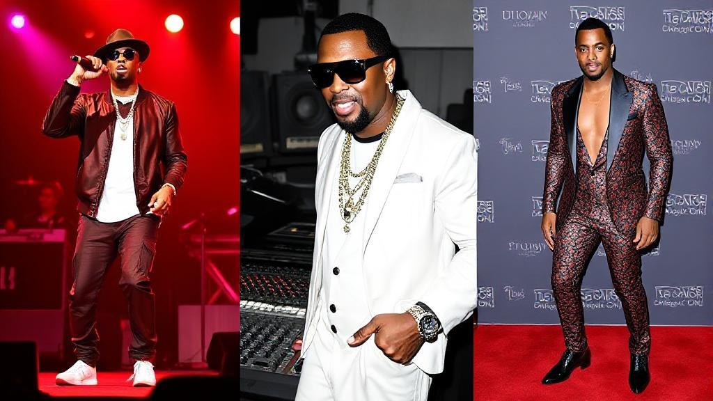 A dynamic collage of Diddy performing on stage, producing music in a studio, and attending a glamorous red carpet event.