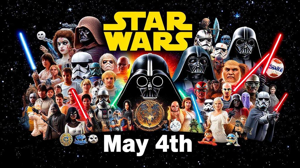 A vibrant collage of iconic Star Wars characters and symbols set against a starry galaxy backdrop, highlighting the date "May 4th" in bold text.