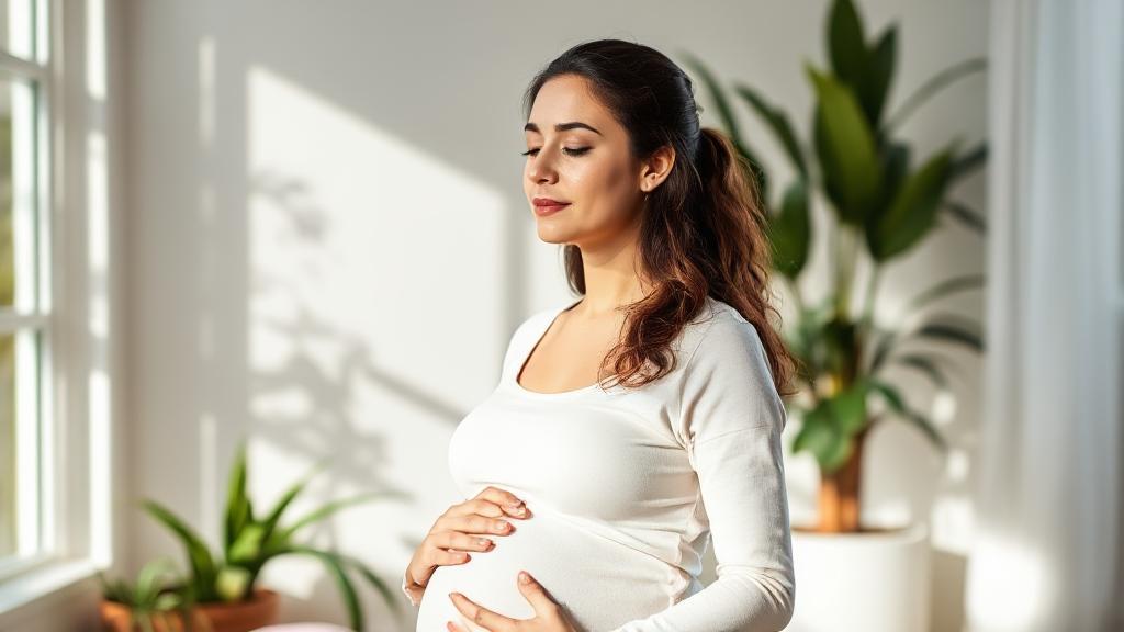A serene pregnant woman practicing mindfulness in a sunlit room, surrounded by calming plants and soft colors.