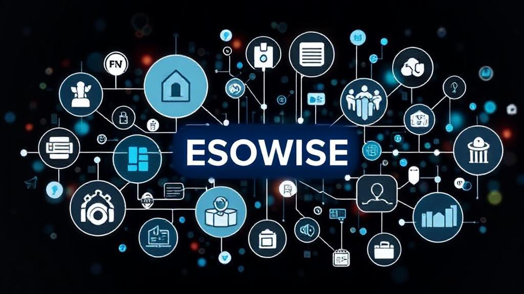 A dynamic collage of interconnected digital icons representing various business functions, symbolizing the integration and efficiency of Enterprise Resource Planning systems.