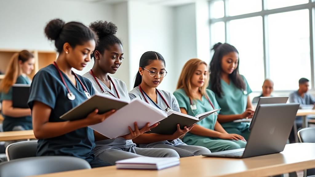 A diverse group of nursing students in scrubs, studying together with textbooks and laptops in a bright, modern classroom.