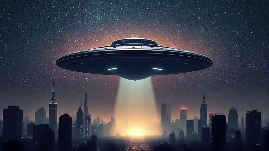 A futuristic cityscape under a starry sky with a massive UFO hovering above, casting an eerie glow over the skyline.