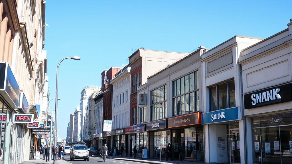 A bustling city street with various bank branches, some with "Open" signs and others with "Closed" signs, under a clear blue sky.