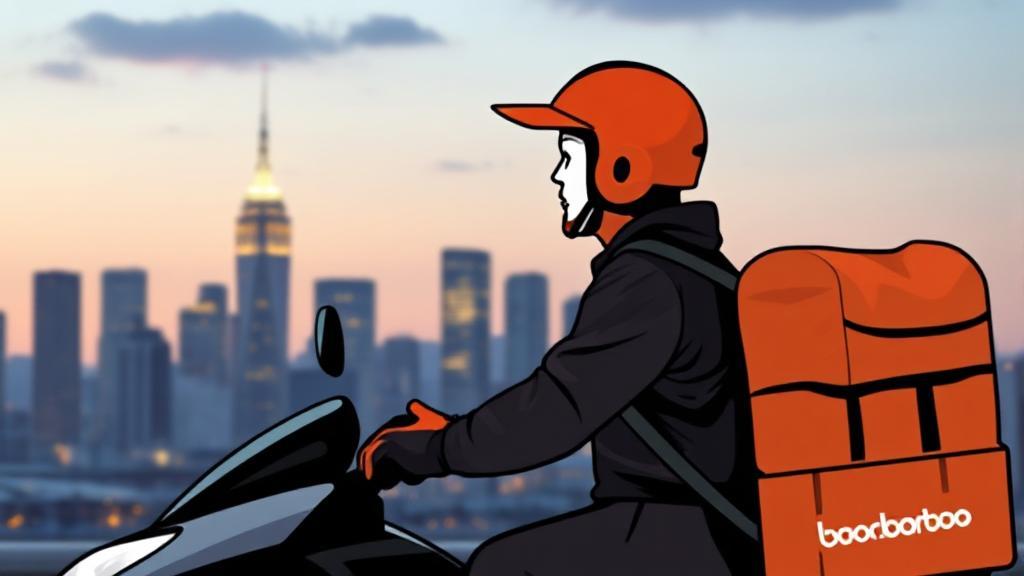 A DoorDash driver delivering food with a city skyline in the background, symbolizing the potential earnings and opportunities in urban areas.