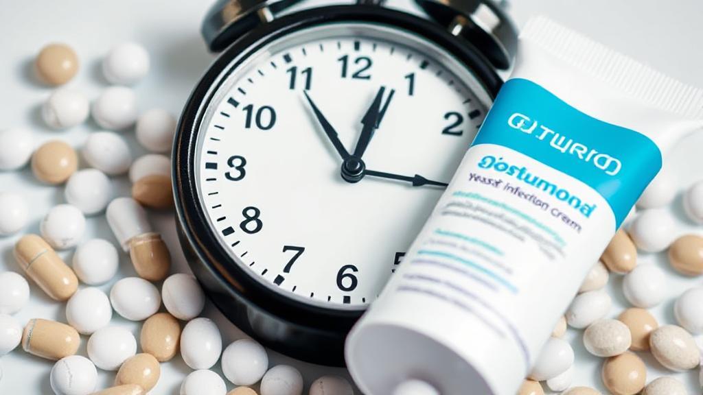 A close-up image of a clock surrounded by antibiotic pills and a tube of antifungal cream, symbolizing the timing of yeast infection treatment post-antibiotics.