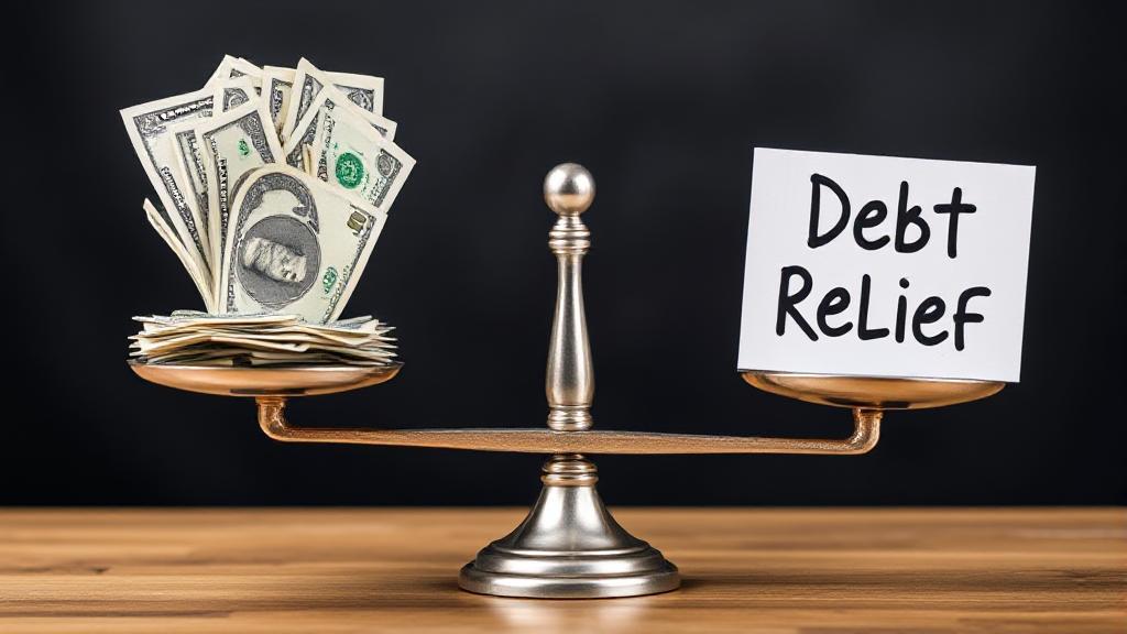 A balanced scale with money on one side and a "Debt Relief" sign on the other, symbolizing the process of achieving financial equilibrium.