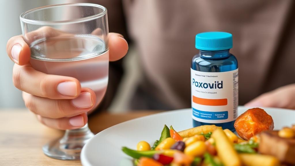 A close-up image of a person holding a glass of water and a Paxlovid pill bottle next to a plate of food.