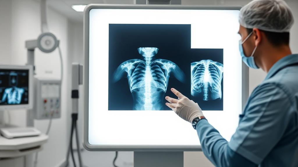 A radiology technician examining an X-ray image on a lightbox in a modern medical facility.