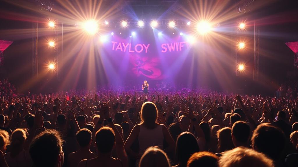 A vibrant, energetic crowd eagerly awaits the start of a Taylor Swift concert under dazzling stage lights.