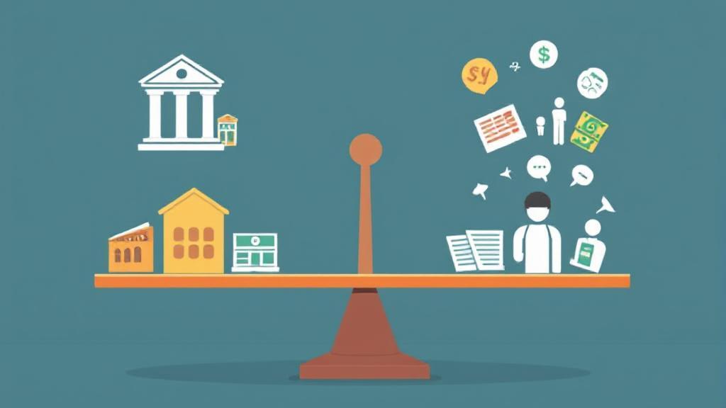 A balanced scale with various bank account icons on one side and personal finance symbols on the other, illustrating the decision-making process for managing multiple accounts.