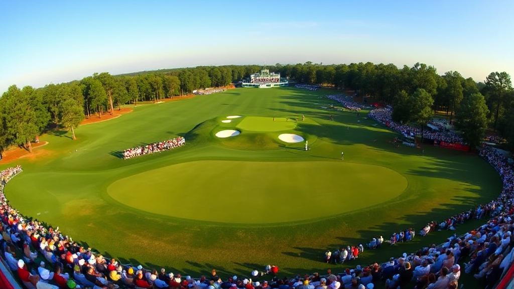 A panoramic view of Augusta National Golf Club's iconic 12th hole, capturing the vibrant greens and focused intensity of players competing at The Masters.