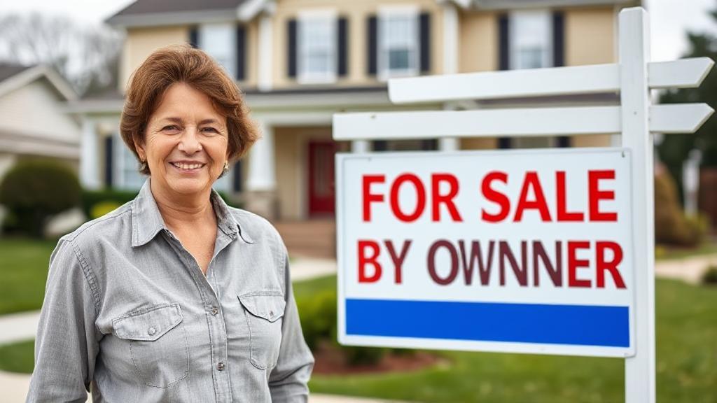 A confident homeowner stands in front of a "For Sale By Owner" sign, showcasing a well-maintained house in the background.