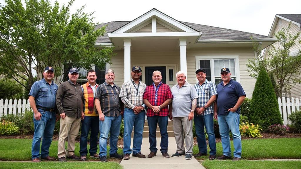 A diverse group of veterans standing proudly in front of a charming suburban home, symbolizing the achievement of homeownership through VA loans.