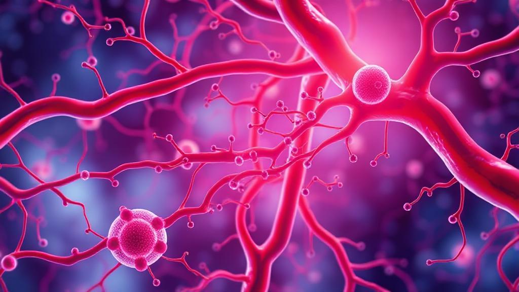 A vibrant illustration of endothelial progenitor cells circulating through a network of blood vessels, symbolizing their crucial role in maintaining vascular health.