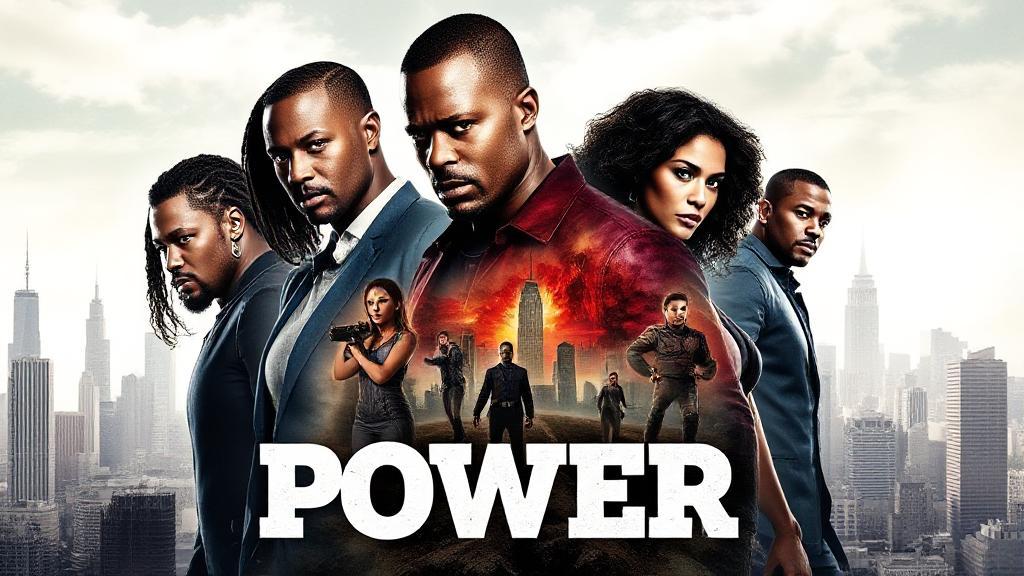 A dynamic collage featuring the main characters of "Power" against a backdrop of a city skyline, highlighting the show's urban and intense atmosphere.