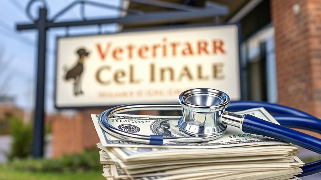 A stethoscope resting on a stack of dollar bills beside a veterinary clinic sign.