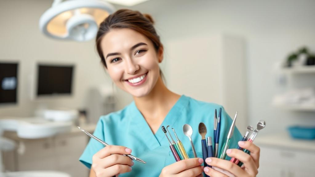 A smiling dental assistant in scrubs holding dental tools in a brightly lit dental office.