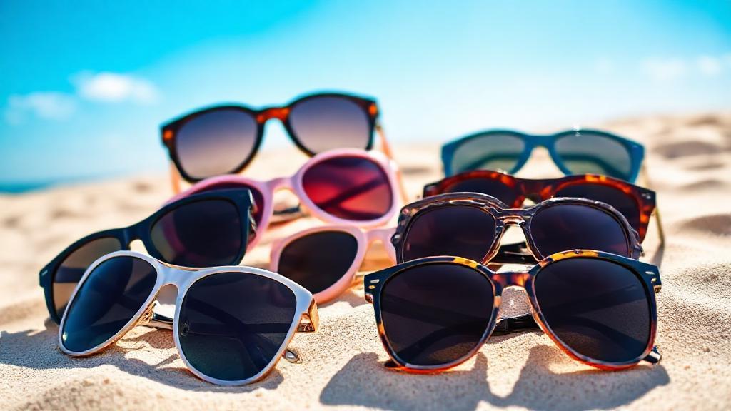 A vibrant, sunlit scene featuring a stylish assortment of trendy sunglasses arranged on a sandy beach with a bright blue sky in the background.