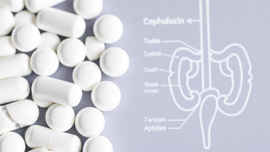 A close-up image of cephalexin capsules beside a diagram illustrating the urinary tract system.