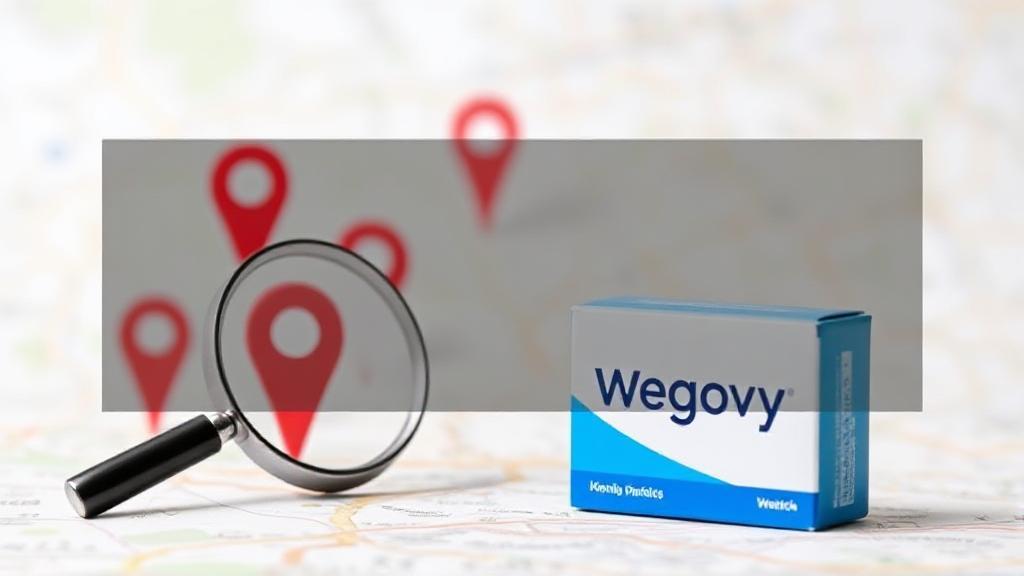 A header image featuring a map with location pins, a magnifying glass, and a Wegovy medication box, symbolizing the search for nearby pharmacies and clinics.