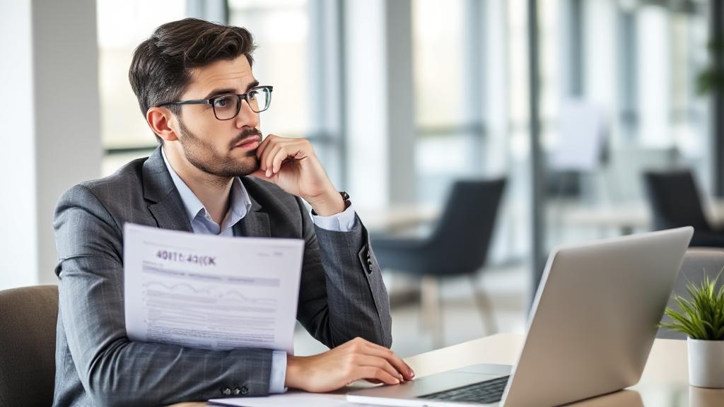 A thoughtful professional contemplating financial decisions with a 401(k) document and a laptop in a modern office setting.