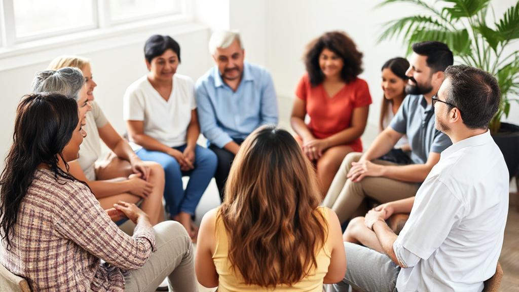 A diverse group of individuals sitting in a circle, engaged in supportive conversation, symbolizing community and recovery in Alcoholics Anonymous.