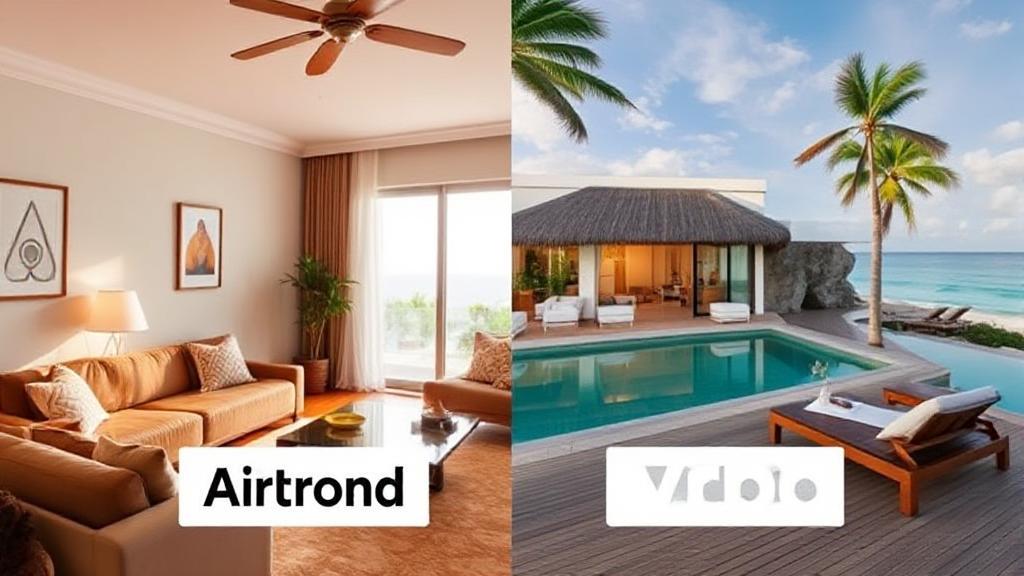 A split-screen image showcasing a cozy Airbnb living room on one side and a luxurious Vrbo beachfront villa on the other, highlighting the diverse offerings of each vacation rental platform.