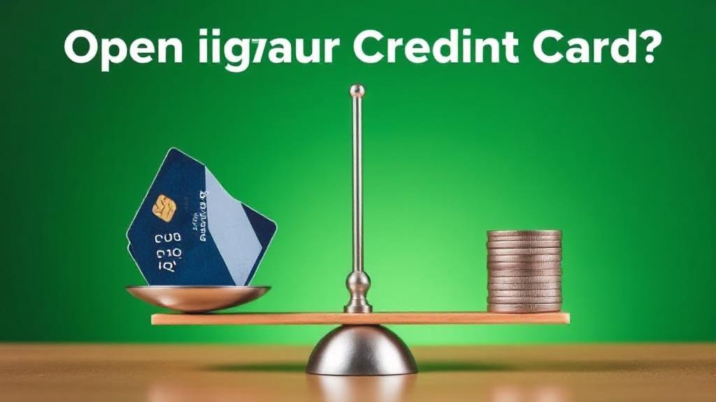 A balanced scale with a credit card on one side and a stack of coins on the other, symbolizing the pros and cons of opening a credit card.