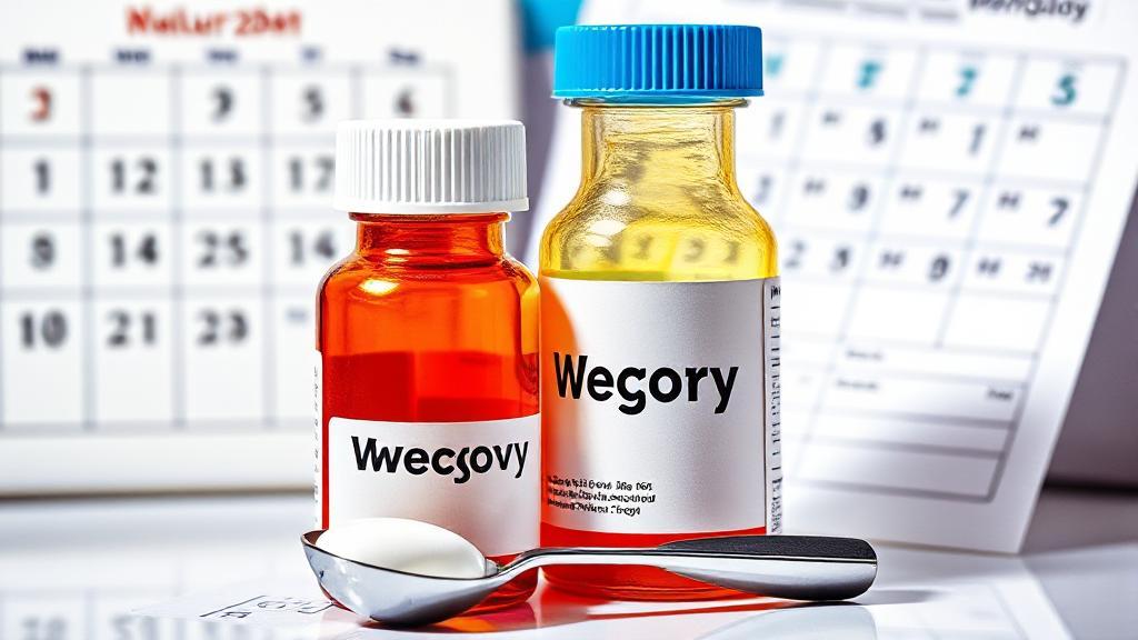 A vibrant image of a medicine bottle labeled "Wegovy" alongside a measuring spoon, set against a backdrop of a calendar and a doctor's prescription pad.