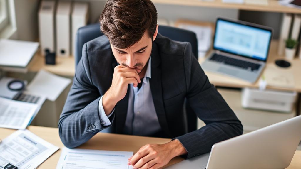 A person thoughtfully reviewing a credit report at a desk, surrounded by financial documents and a laptop.