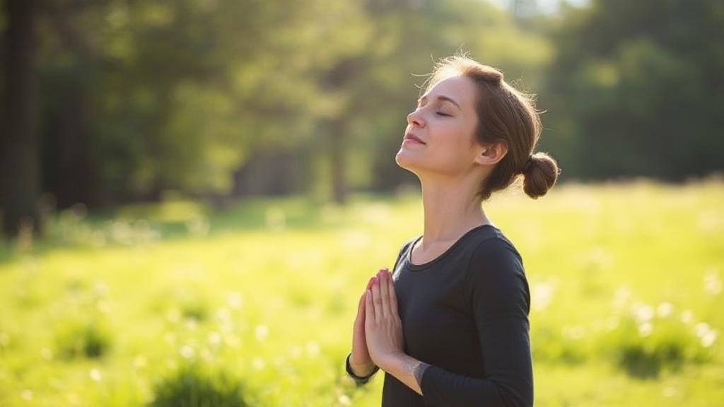 A serene person practicing deep breathing outdoors, surrounded by calming nature, symbolizing natural anxiety management techniques.