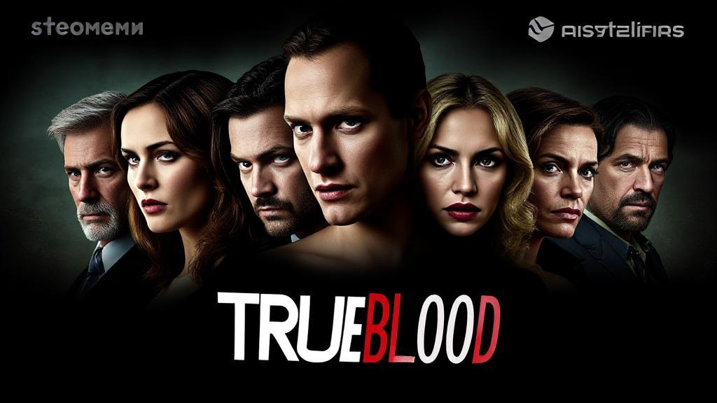A captivating collage of the main characters from "True Blood" set against a dark, mysterious backdrop with streaming platform logos subtly integrated.