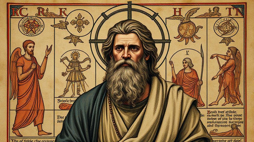 A contemplative figure of John, surrounded by symbolic imagery from the Book of Revelation, set against an ancient manuscript backdrop.