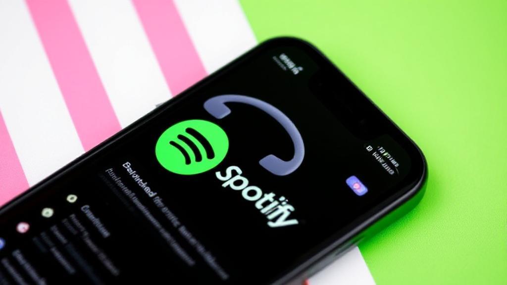 A smartphone displaying the Spotify app with headphones and a download icon, symbolizing offline music access.
