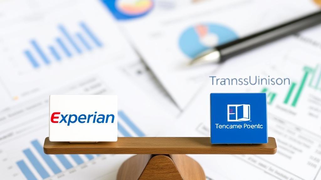 A balanced scale weighing the logos of Experian, Equifax, and TransUnion against a backdrop of financial documents and graphs.
