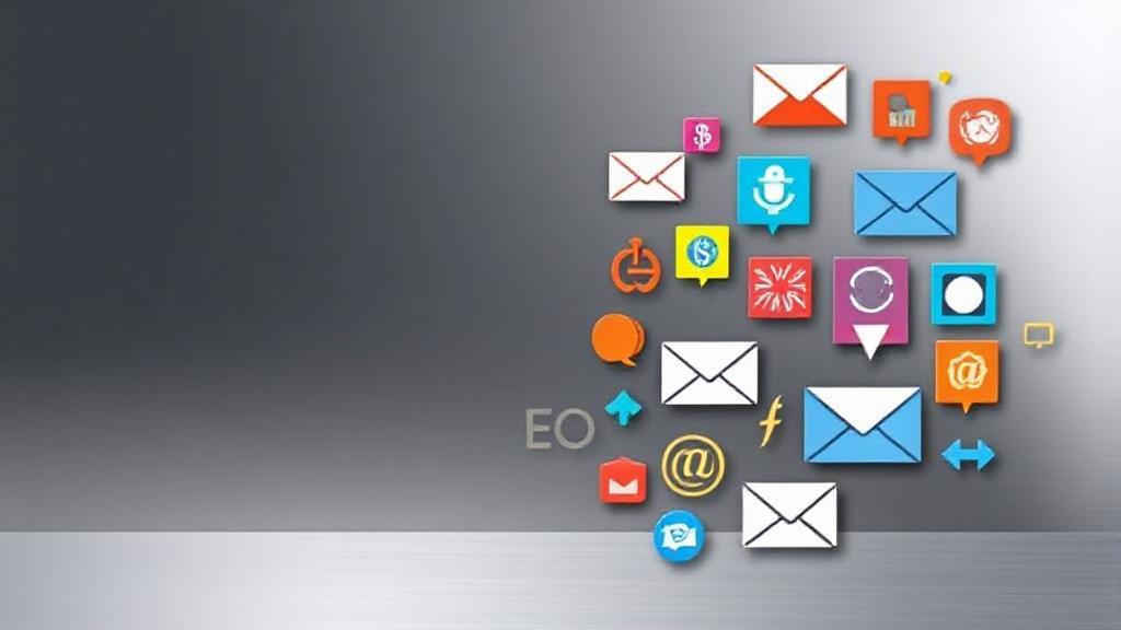 A vibrant collage of digital marketing icons, including social media, SEO, and email symbols, set against a sleek, modern background.