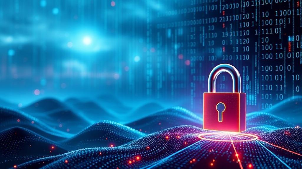 A futuristic digital landscape with binary code and a padlock symbol, representing cybersecurity and financial growth.