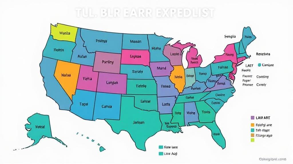 A colorful map of the United States highlighting each state's legal bartending age requirements.