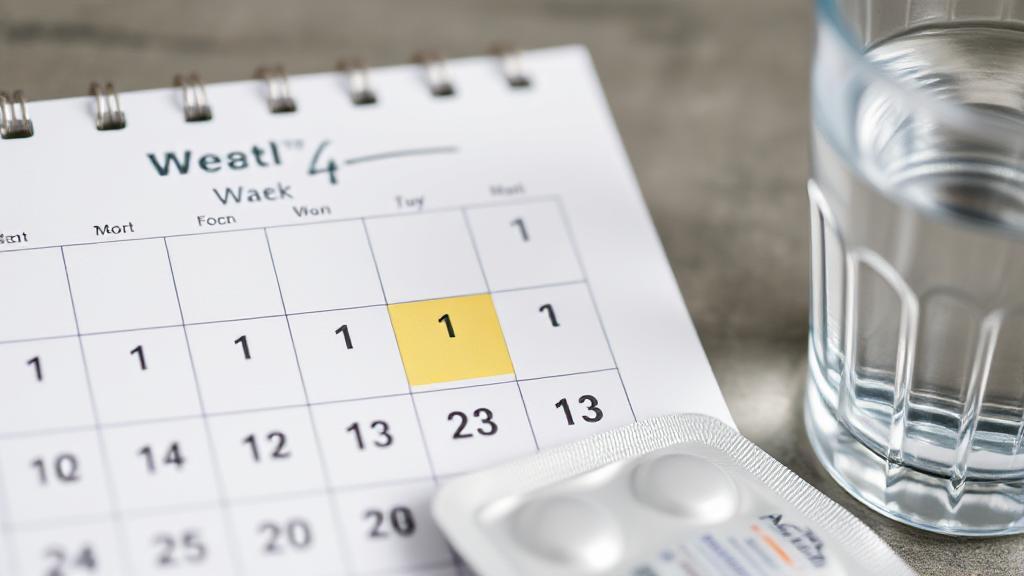 A close-up image of a calendar marked with a highlighted week, alongside a blister pack of antibiotics and a glass of water.