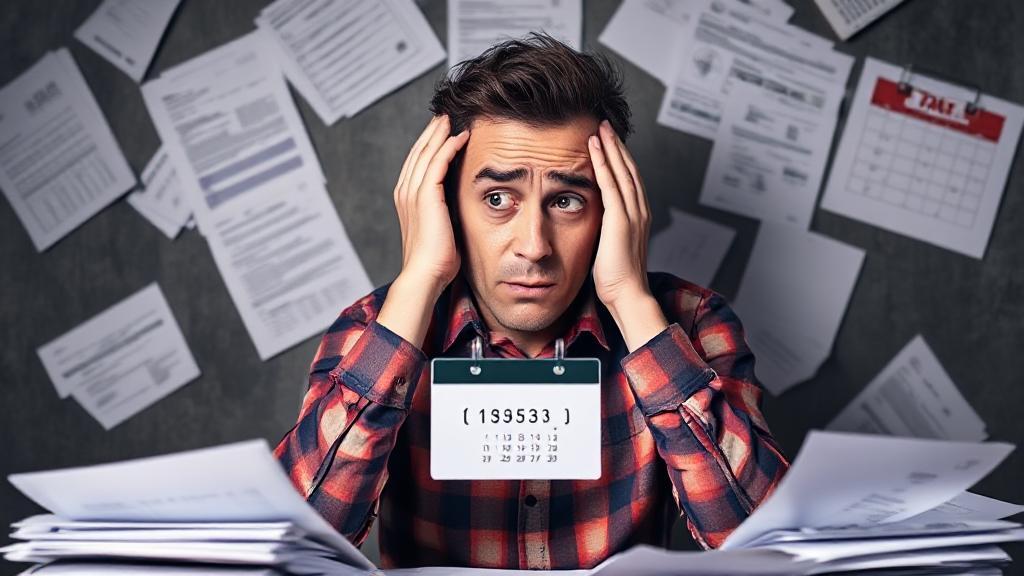 A worried individual surrounded by tax documents and a looming calendar marked with a missed deadline.